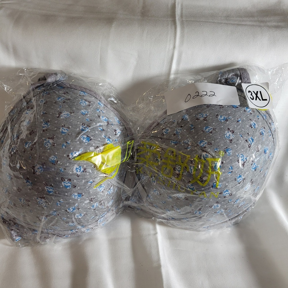 3XL‎ Grey Floral Cotton Bra Soft Cups Adjustable Straps Chest Lift Comfort